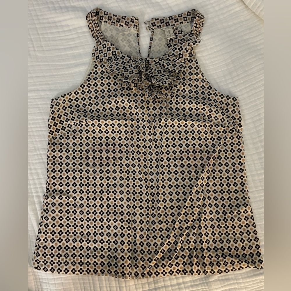 J. Crew Dark Brown, Tan, and White Ruffled Sleeveless Blouse